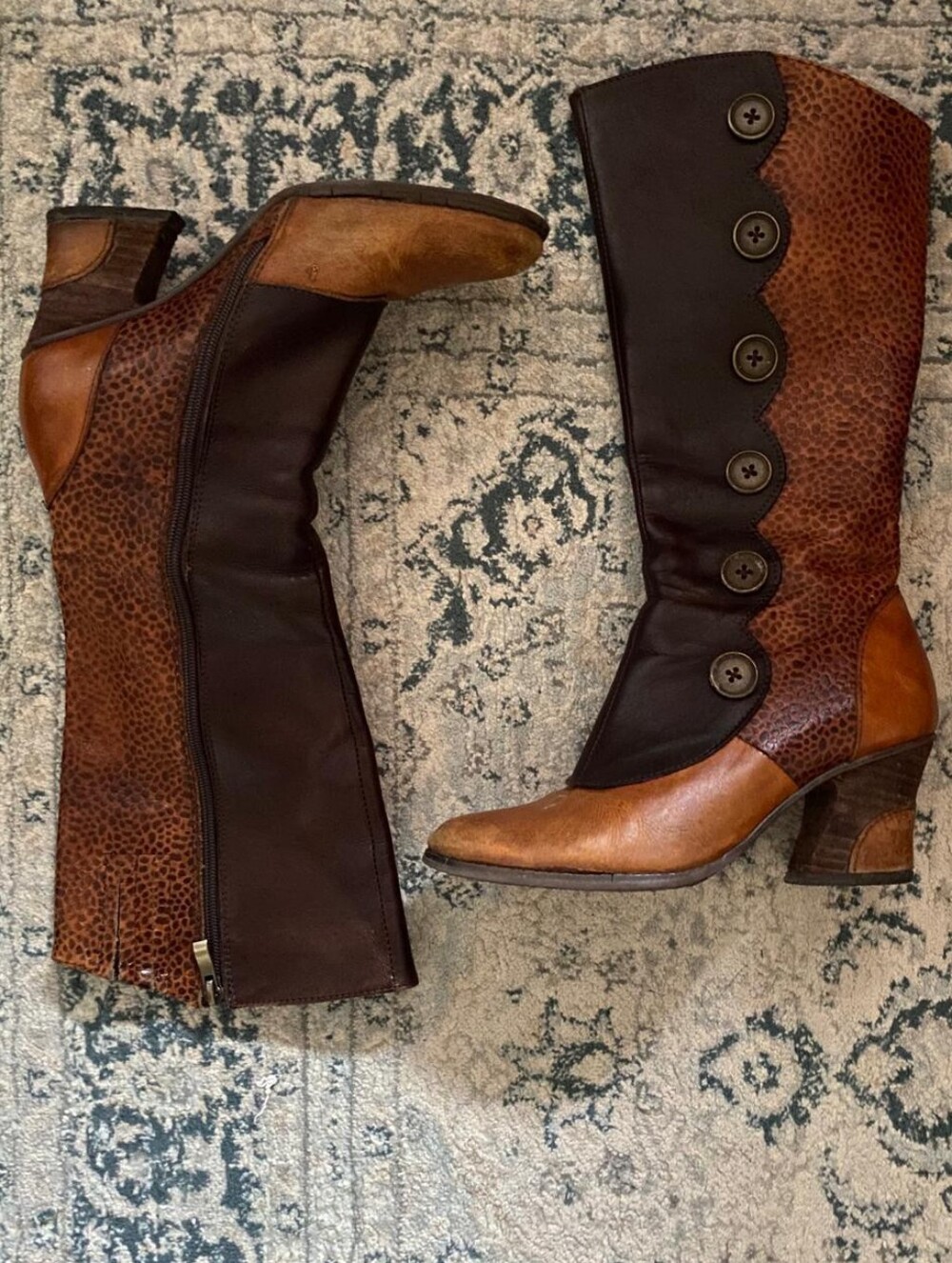 Mixed Print Leather Victorian Button Style Boots Vintage Knee High